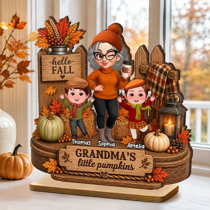 Personalized Wooden Plaque, Winking Grandma With Waving Grandkids in a Fall Scene, Unique Gift for Grandma