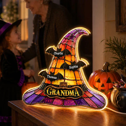 Personalized Acrylic Light Box, Witch Hat Halloween Decor, Unique Gift for Grandma with Warm Glow
