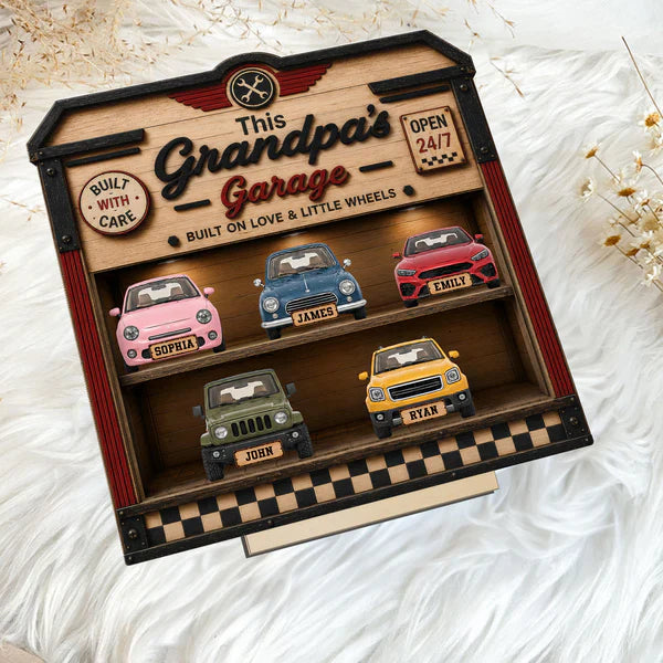 Custom Wooden Plaque for Dad or Grandpa, Warm Garage Keepsake With Little Wheels, Creative Family Gift