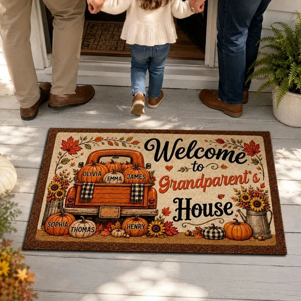 Personalized Standard Doormat with Floral Pumpkin Truck, Fall Entryway Decor, Unique Gift for Grandparents