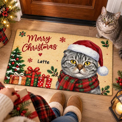 Personalized Standard Doormat with Watercolor Dog in Santa Hat, Festive Entryway Decor, Unique Gift for Dog Lovers