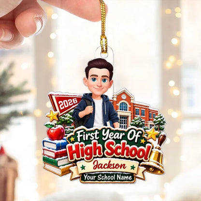 Personalized Acrylic Ornament, Book-Holding Student at Snowy Schoolhouse, Unique Christmas Gift for Daughter