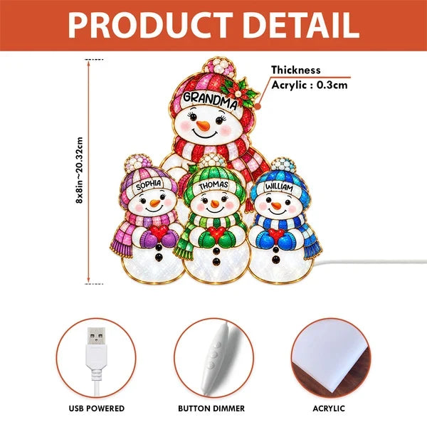 Personalized Acrylic Light Box, Festive Snowman Family With Warm Glow, Creative Keepsake Gift for Grandma