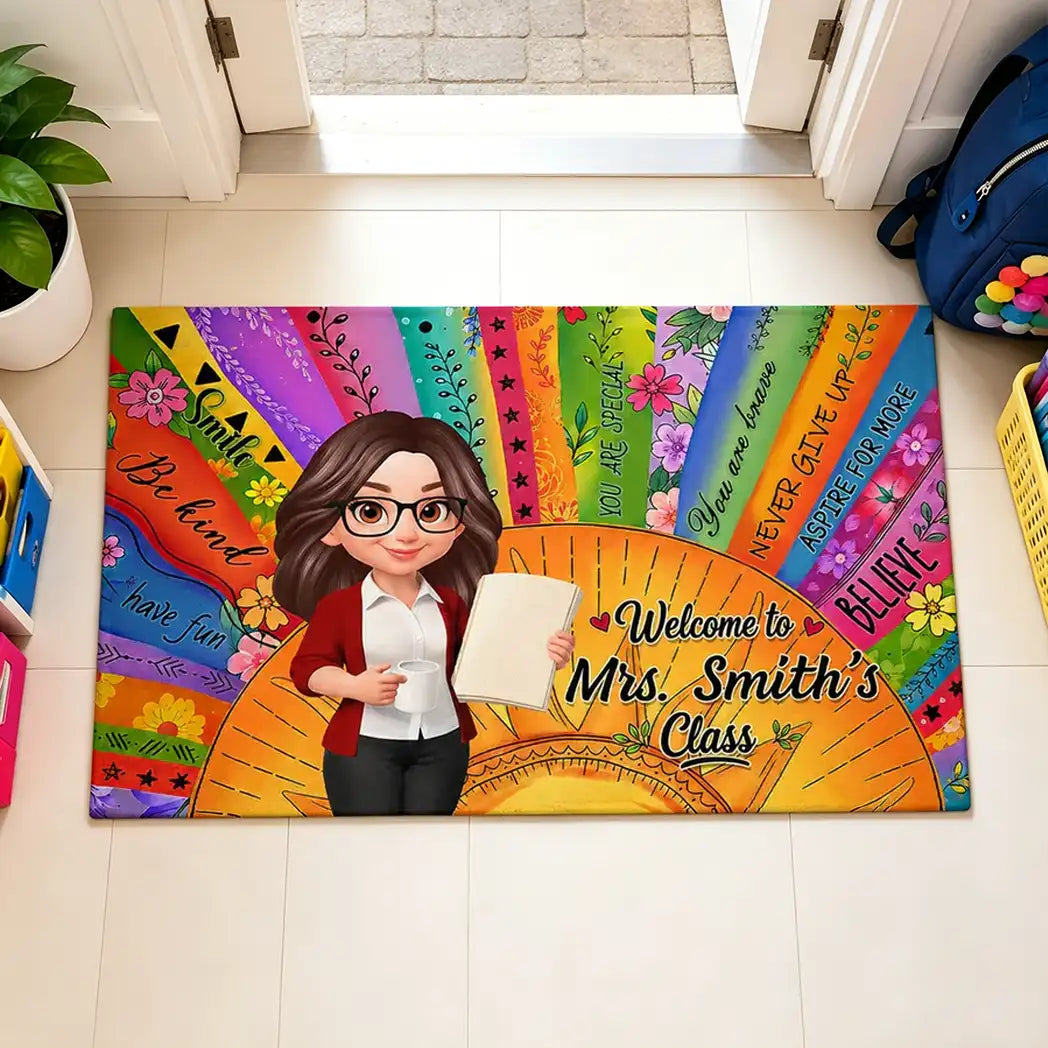 Personalized Teacher Classroom Doormat, Boho Sun Cartoon Teacher Holding Notebook, Unique Gift for Entryway