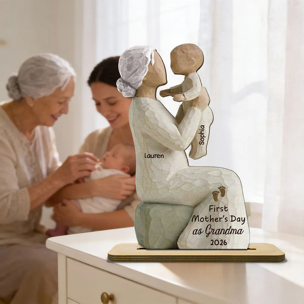 2-Layer Wooden Plaque Custom Grandma and Baby Figurine, Sweet Family Keepsake Decor, Heartfelt Gift for Grandma