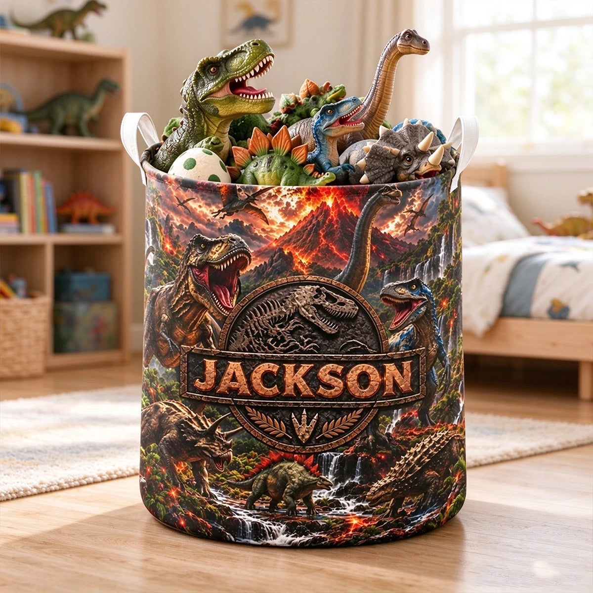 Personalized Round Storage Basket, Roaring Dinosaur Adventure Scene, Creative Gift for Young Dinosaur Fans