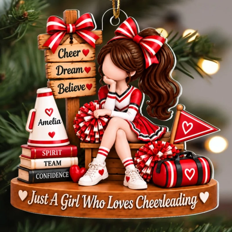 Personalized Acrylic Ornament, Seated Cheerleader with Pom Poms, Unique Christmas Gift for Daughter or Granddaughter