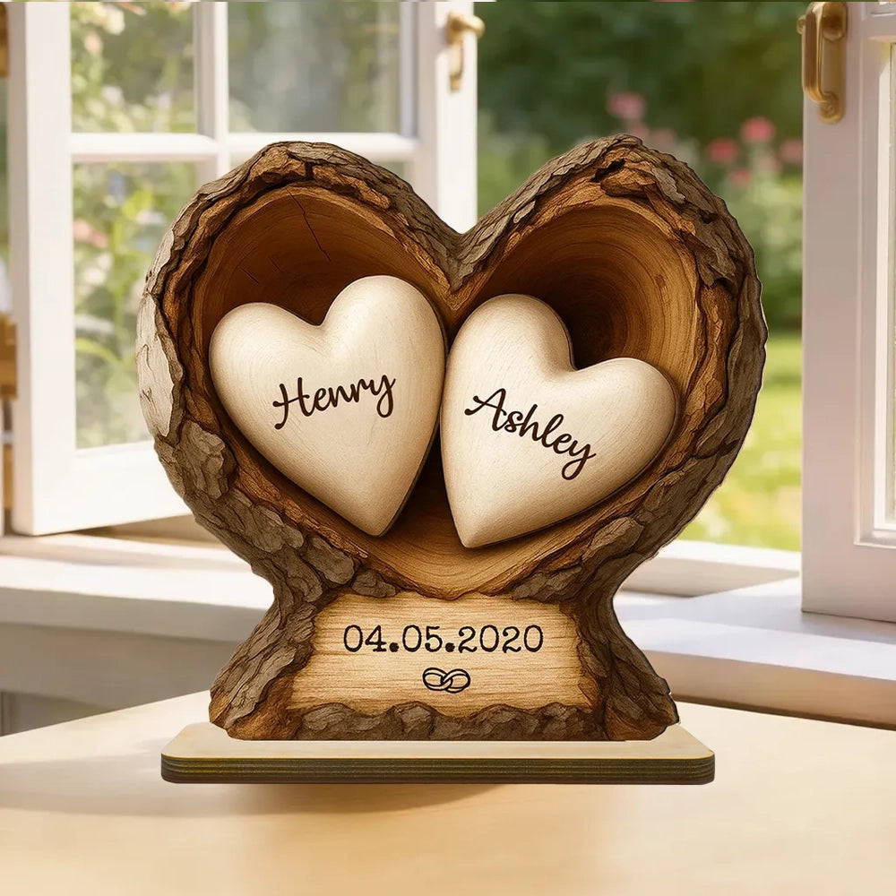 Personalized 2-Layer Wooden Plaque Tree Heart Keepsake for Couples, Rustic Romantic Display, Unique Gift for Wife or Husband
