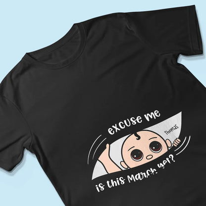 Personalized Pregnancy Announcement Classic Tee with Cute Baby Peek Design for Expecting Parents, Unique Funny Gift