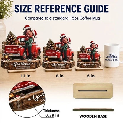 Personalized 2-Layer Wooden Plaque, Kissing Couple by a Red Truck, Unique Christmas Gift for Couples