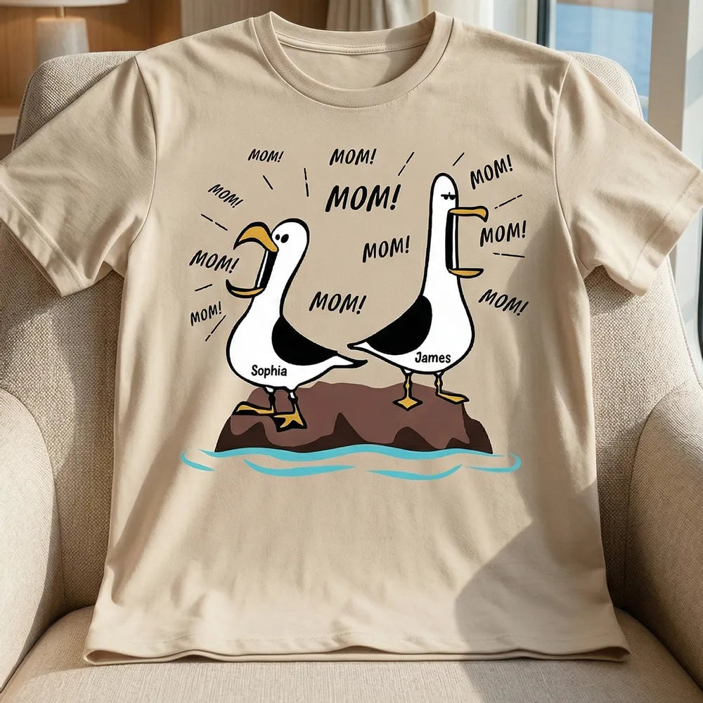 Personalized Seagull Mom Classic Tee, Funny 'MOM!' Cartoon Shirt, Unique Mother's Day Gift for Mom