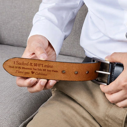 Personalized Leather Belt with Flirty Printed Message, Classic Brown Style, Unique Gift for Him or Your Partner
