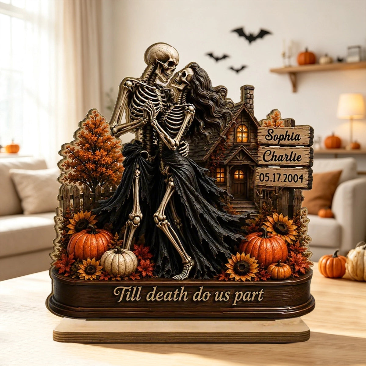 Personalized 2-Layer Wooden Plaque, Fall Skeleton Couple Scene, Unique Halloween Gift for Couple