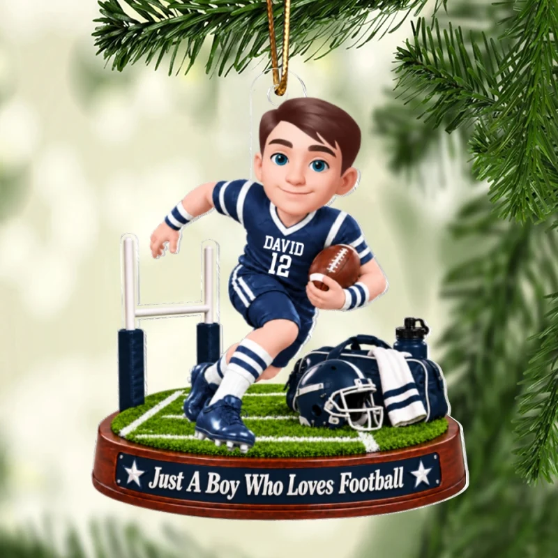 Personalized Acrylic Ornament, Cartoon Boy Playing Football by Goalpost, Unique Christmas Gift for Son or Grandson