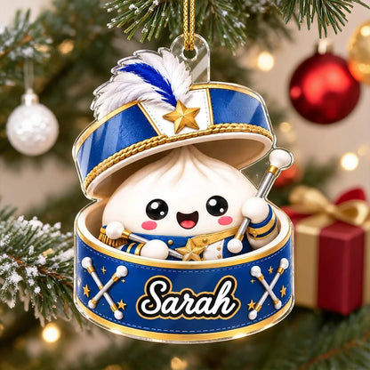 Personalized Acrylic Ornament, Blue and Gold Marching Band Dumpling Holding a Baton, Unique Gift for Band Kids