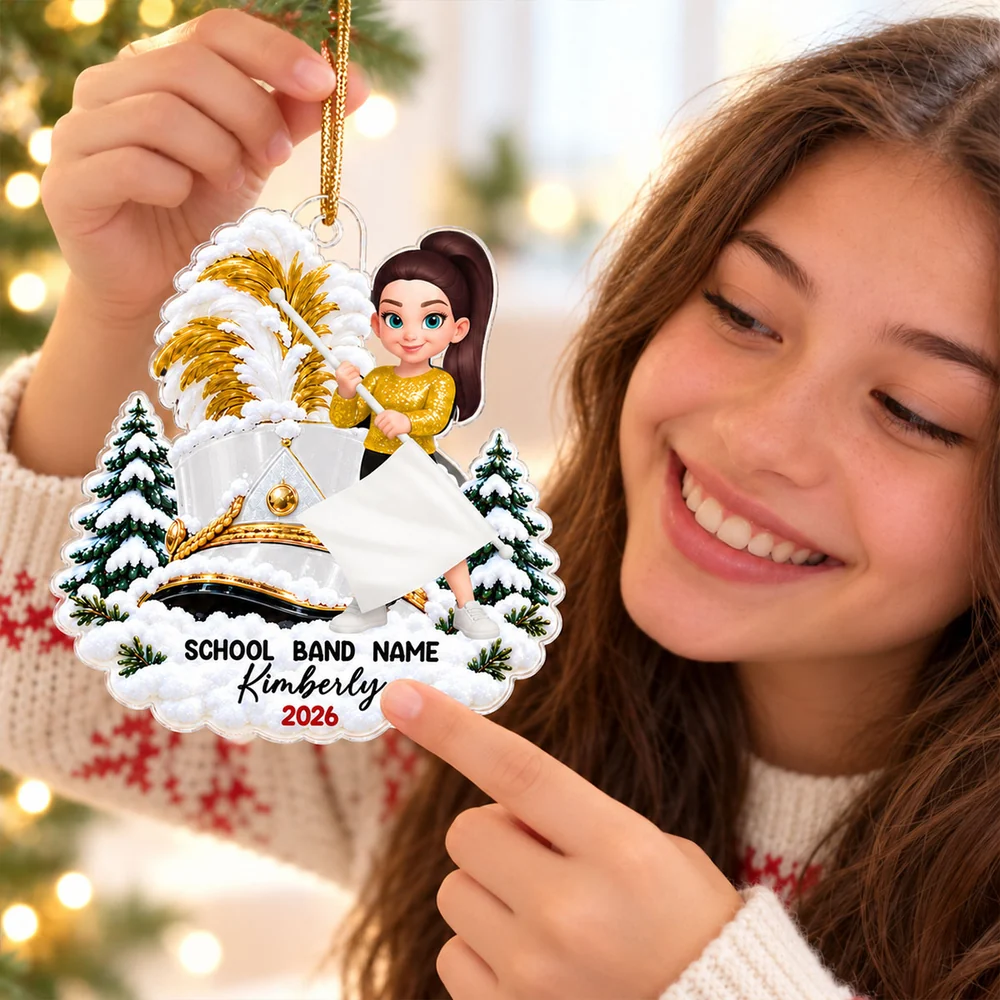Personalized Acrylic Ornament, Proud Marching Band Memory in Snowy Pines, Creative Christmas Gift for Grandson