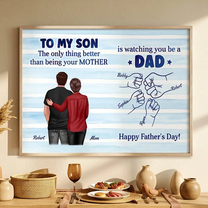 Personalized Father's Day Poster For Son, Blue Stripe Mom & Son Wall Art, Unique Gift For Dad