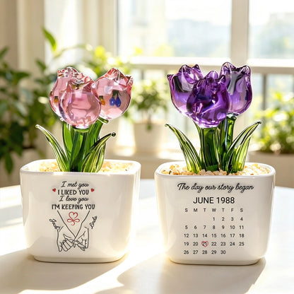 Personalized Square Glass Planter with Pastel Tulips & Holding Hands Art, Unique Creative Gift for Couple