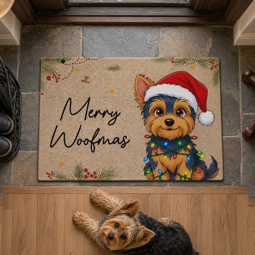 Personalized Standard Doormat with Merry Woofmas Dog Cartoon, Unique Christmas Gift for Dog Lovers