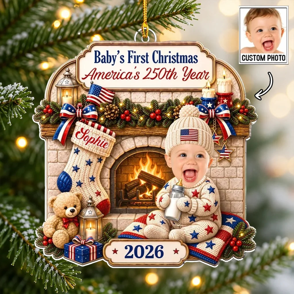 Personalized Acrylic Ornament, Smiling Baby by a Cozy Fireplace, Unique Christmas Gift for New Parents
