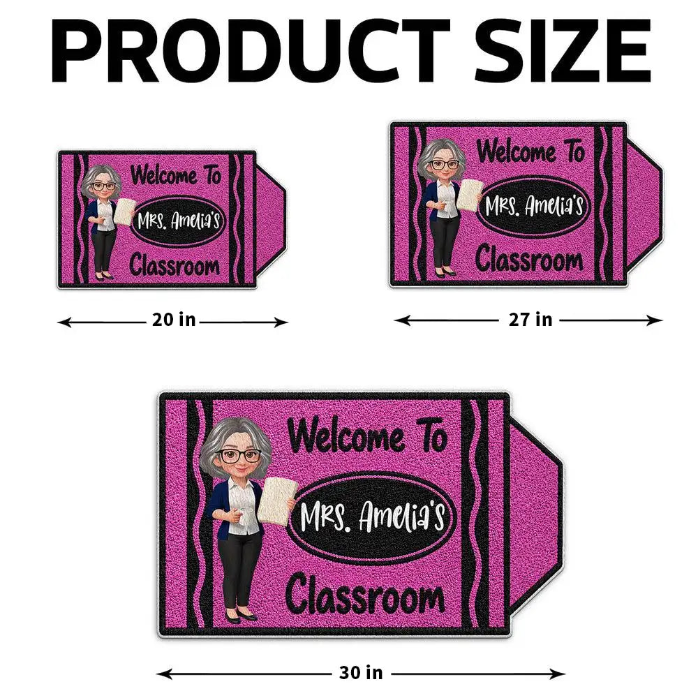Personalized Shaped Doormat, Purple Crayon Classroom Welcome with Teacher Holding Book, Unique Gift for Teacher