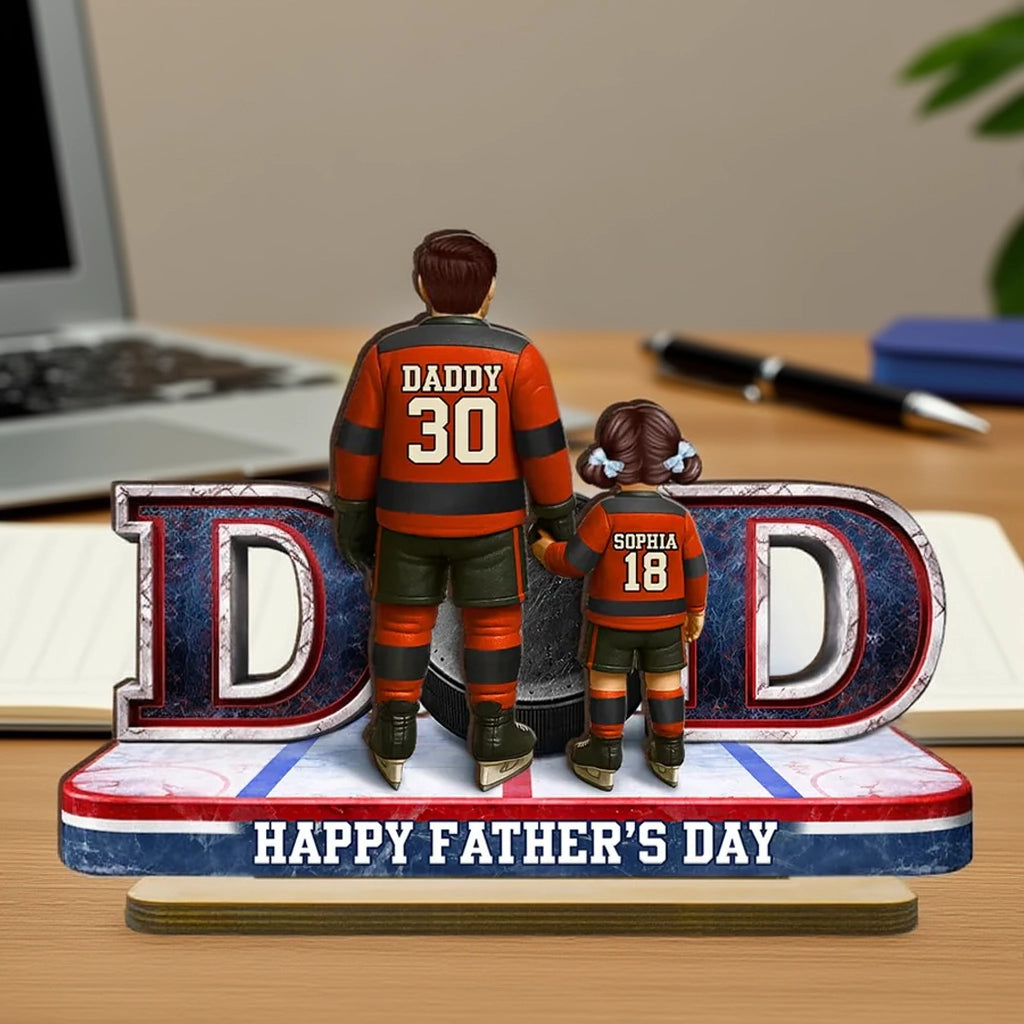Personalized 2-Layer Wooden Plaque with Hockey Dad and Kid Holding Hands on the Rink - Unique Father's Day Gift