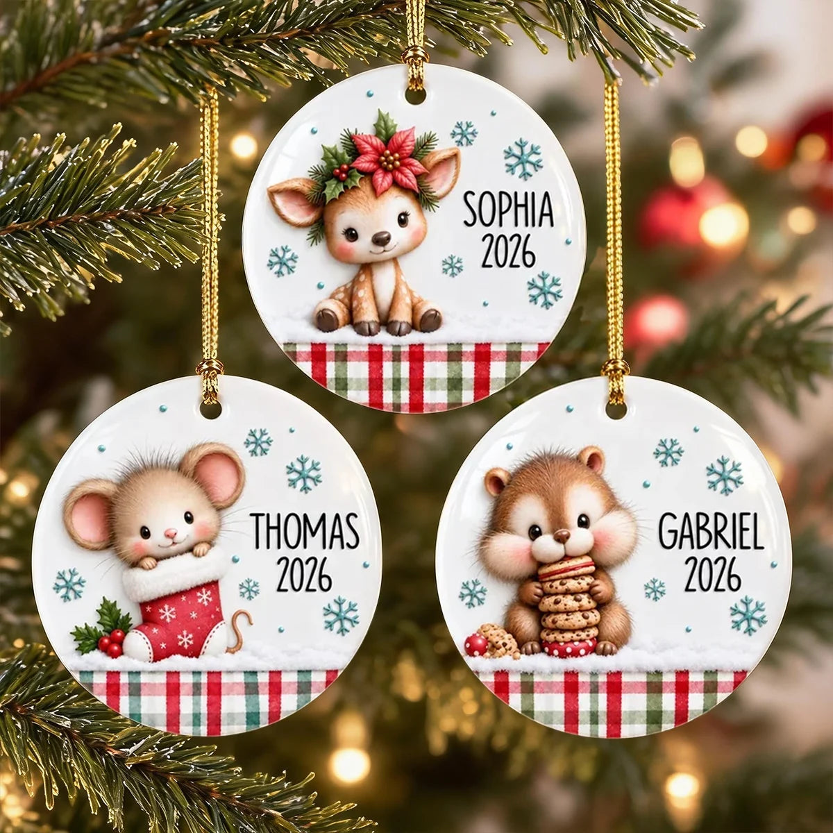 Personalized Ceramic Ornament, Cute Woodland Animals with Cookies and Stocking, Unique Gift for Kids