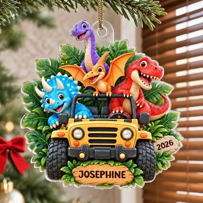 Personalized Acrylic Ornament, Colorful Dinosaurs Riding an Adventure Jeep, Unique Christmas Gift for Kids