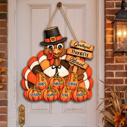 Personalized Wooden Sign with Pilgrim Turkey, Pumpkins and Grateful Thankful Blessed, Unique Rustic Gift for Family