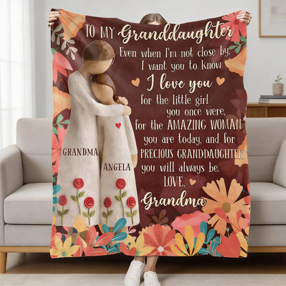 Grandma to Granddaughter Personalized Fleece Blanket, Warm Floral Message Throw, Heartwarming Unique Gift for Her