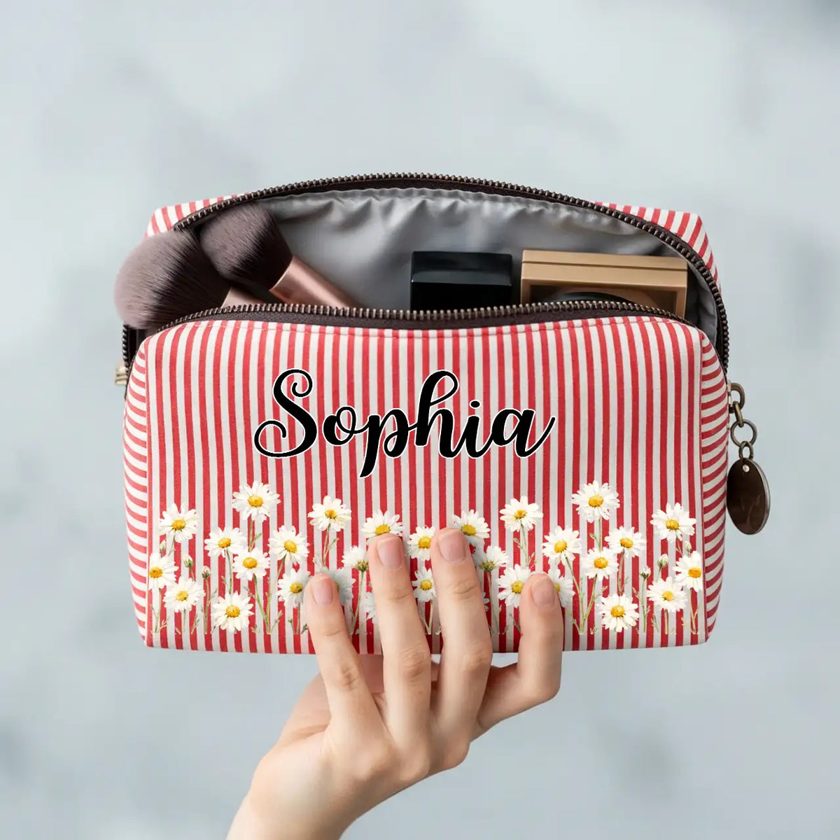 Personalized Stripes Makeup Bag with Daisy Design, Unique Gift for Beauty Lover and Travel Storage