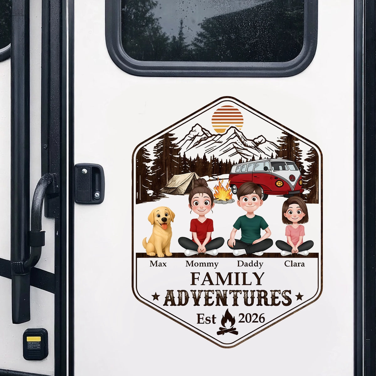 Family Adventures Sticker Decal, Custom Mountain RV Decor, Creative Gift for Mom, Dad & Dog Lovers