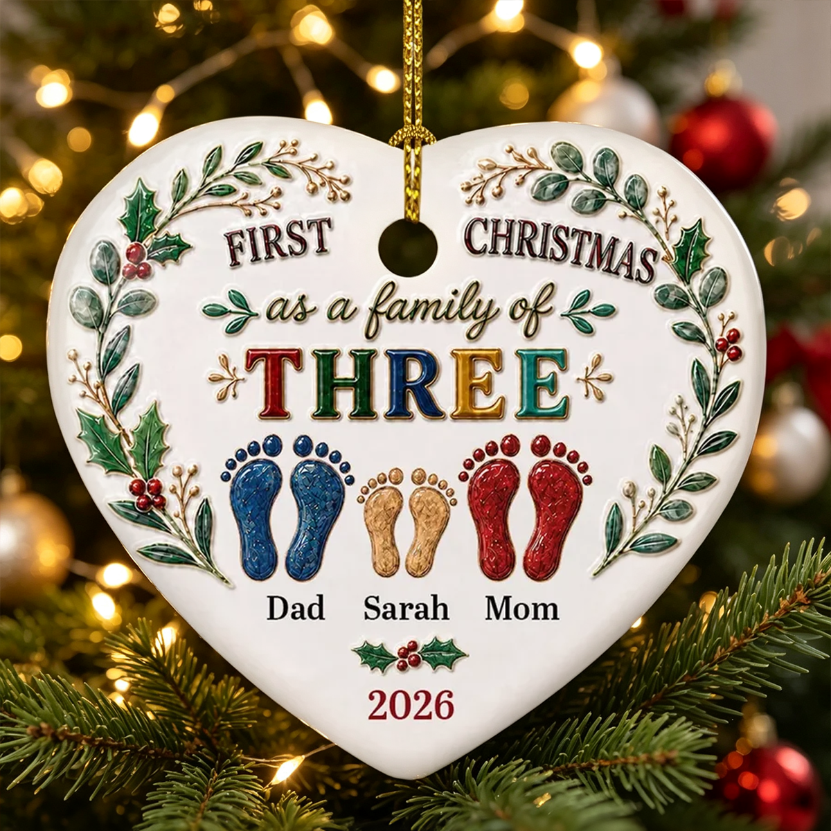 Ceramic Heart Ornament, Personalized Family Footprints for a First Christmas, Creative Gift for Parents