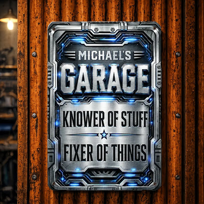 Custom Rectangular Iron Sign, Garage Knower of Stuff Design, Unique Creative Gift for Workshop Decor