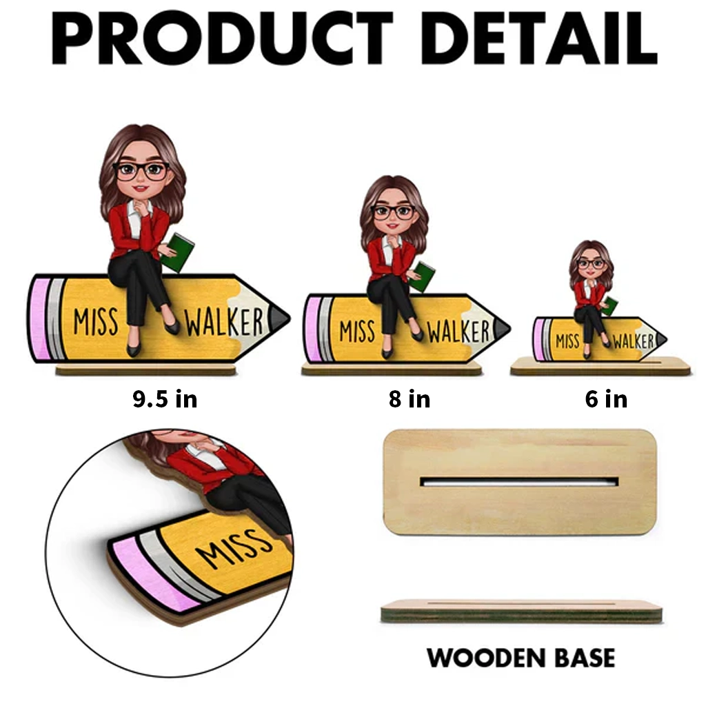 Personalized 2-Layer Wooden Plaque, Cartoon Teacher On Pencil, Unique Gift For Classroom Desk
