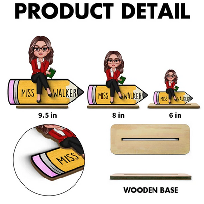 Personalized 2-Layer Wooden Plaque, Cartoon Teacher On Pencil, Unique Gift For Classroom Desk