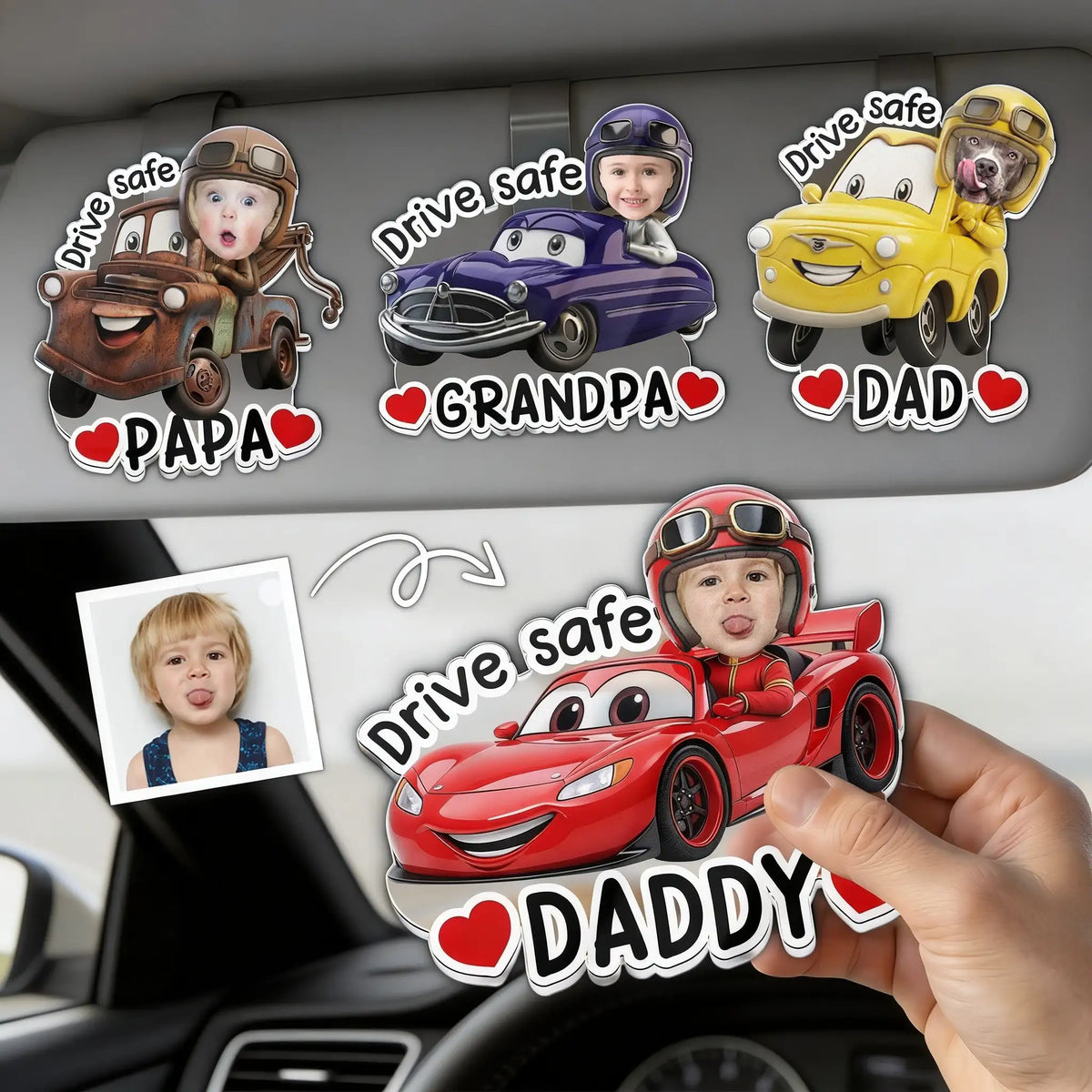 Personalized Acrylic Car Visor Clip with Kid or Pet Face Racing Car, Drive Safe Unique Gift for Dad