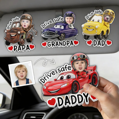 Personalized Acrylic Car Visor Clip with Kid or Pet Face Racing Car, Drive Safe Unique Gift for Dad