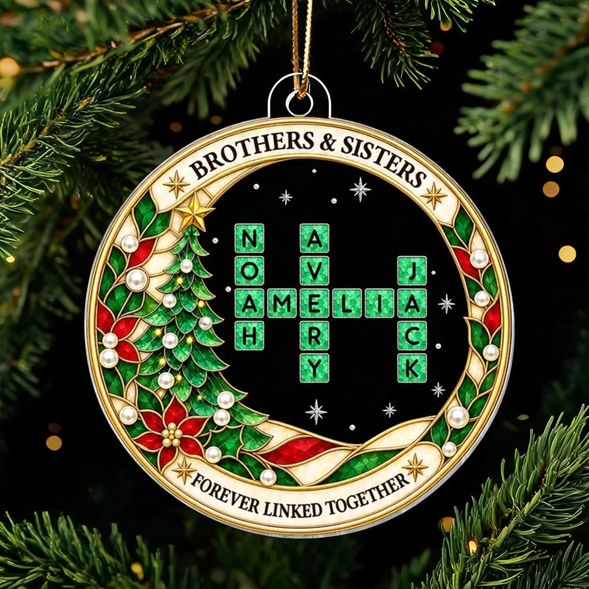 Personalized Acrylic Ornament, Sibling Crossword on a Christmas Tree, Unique Gift for Brothers & Sisters