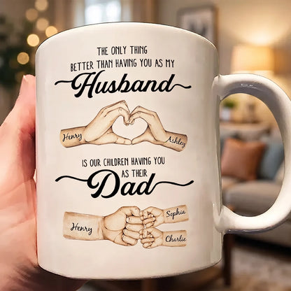 Custom Ceramic Mug With Husband And Dad Quote, Heart Hands Design, Creative Gift From Family