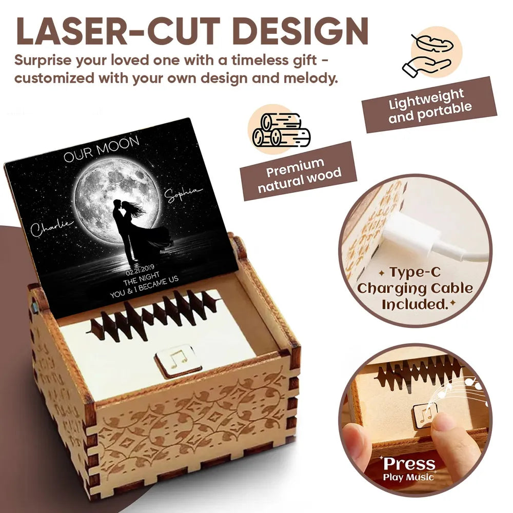 Personalized Wooden Music Box with Moonlit Kissing Couple Design, Unique Romantic Gift for Wife or Husband