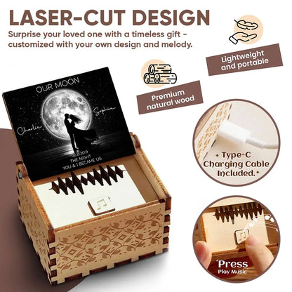 Personalized Wooden Music Box with Moonlit Kissing Couple Design, Unique Romantic Gift for Wife or Husband