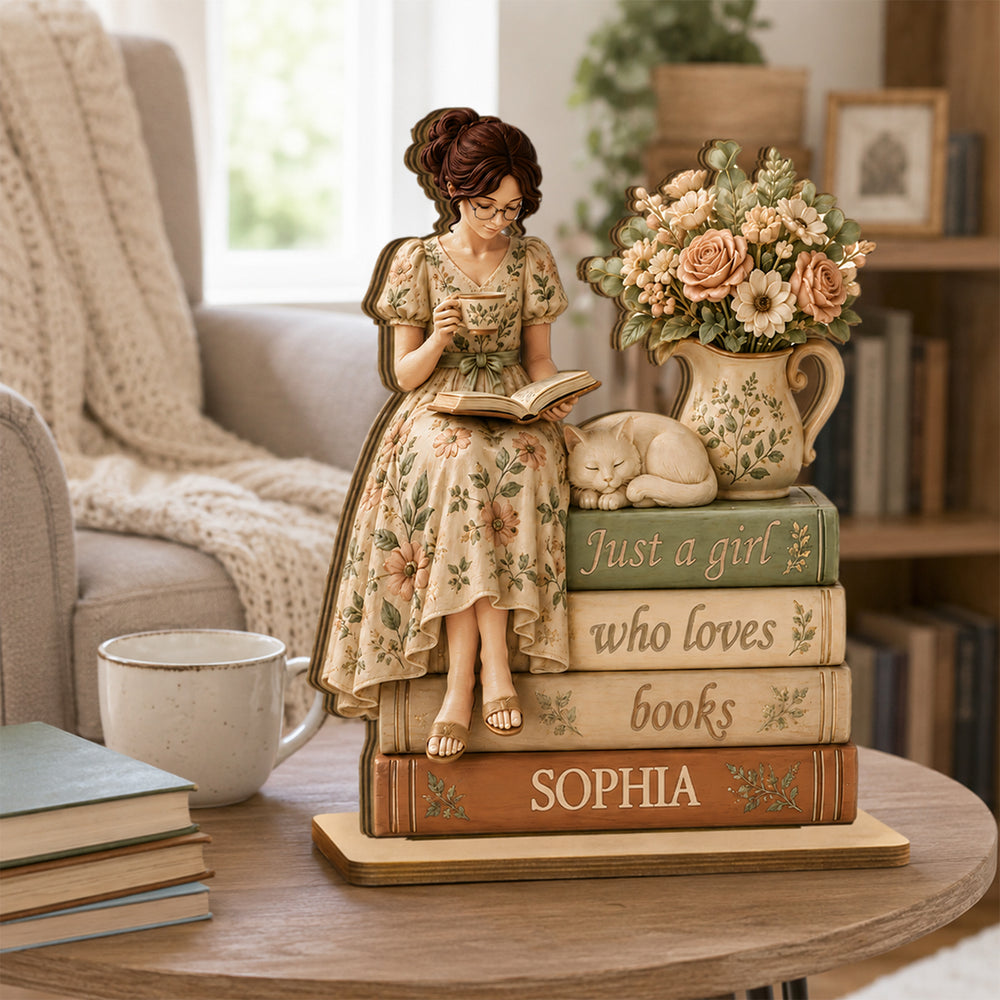 Personalized 2-Layer Wooden Plaque, Cottagecore Girl Reading with Cat, Unique Gift for Book Lovers