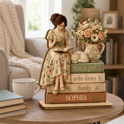 Personalized 2-Layer Wooden Plaque, Cottagecore Girl Reading with Cat, Unique Gift for Book Lovers