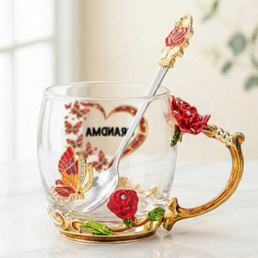 Personalized Enamel Flower Tea Cup for Grandma - Butterfly Heart Design, Unique Gift for Her Tea Moments