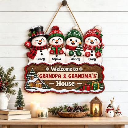 Personalized Snowman Family Wooden Sign, Snowy Cabin Door Decor, Unique Creative Gift for Grandparents