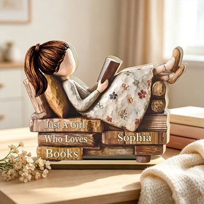 Personalized Wooden Plaque, Just A Girl Who Loves Books, Cozy Reading Scene, Unique Gift for Women Readers