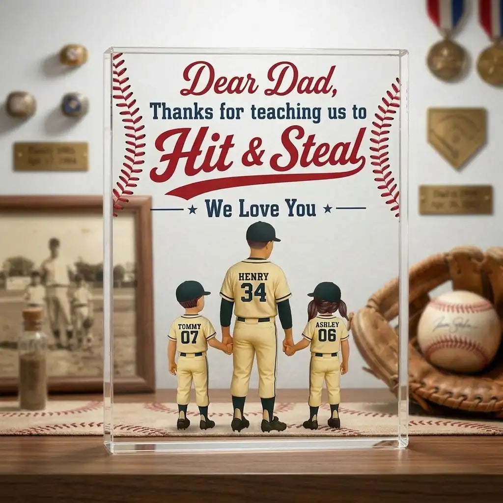 Personalized Acrylic Block Plaque, Baseball Dad & Kids Holding Hands, Unique Father's Day Gift for Dad