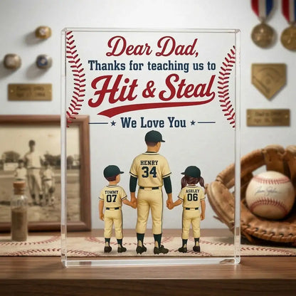 Personalized Acrylic Block Plaque, Baseball Dad & Kids Holding Hands, Unique Father's Day Gift for Dad