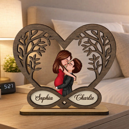 Personalized 2-Layer Wooden Plaque Kissing Couple in Infinity Heart for Bedroom Decor Unique Romantic Gift for Couples